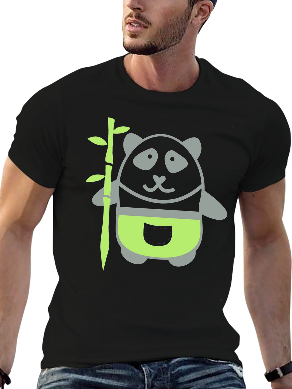 Panda and Bamboo Graphic Tee - Black Cotton T-Shirt