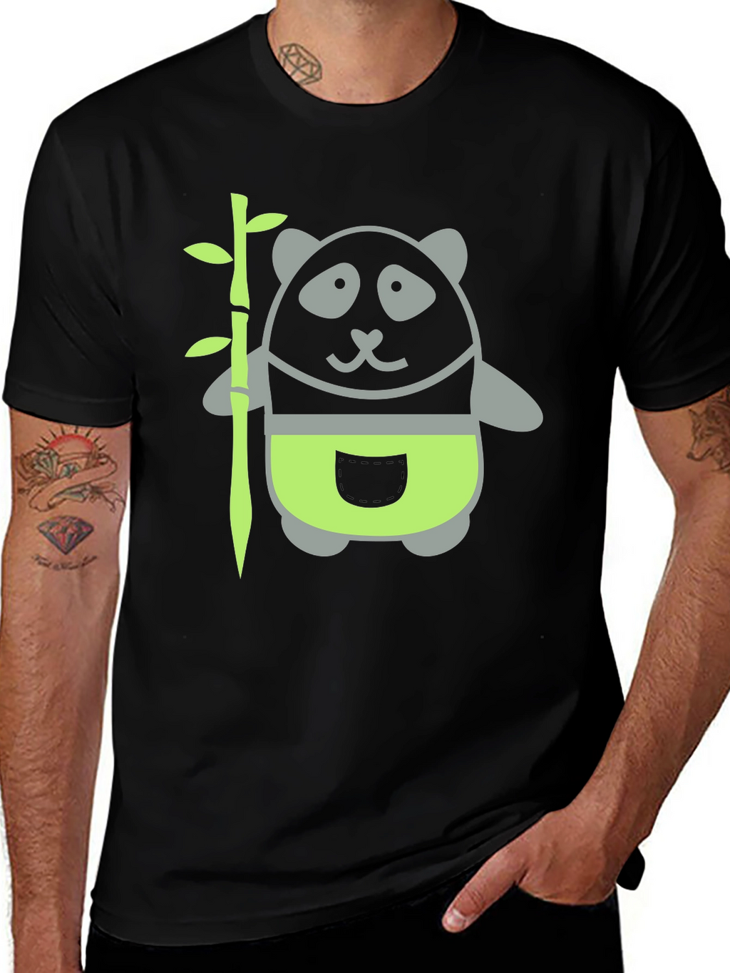 Panda and Bamboo Graphic Tee - Black Cotton T-Shirt