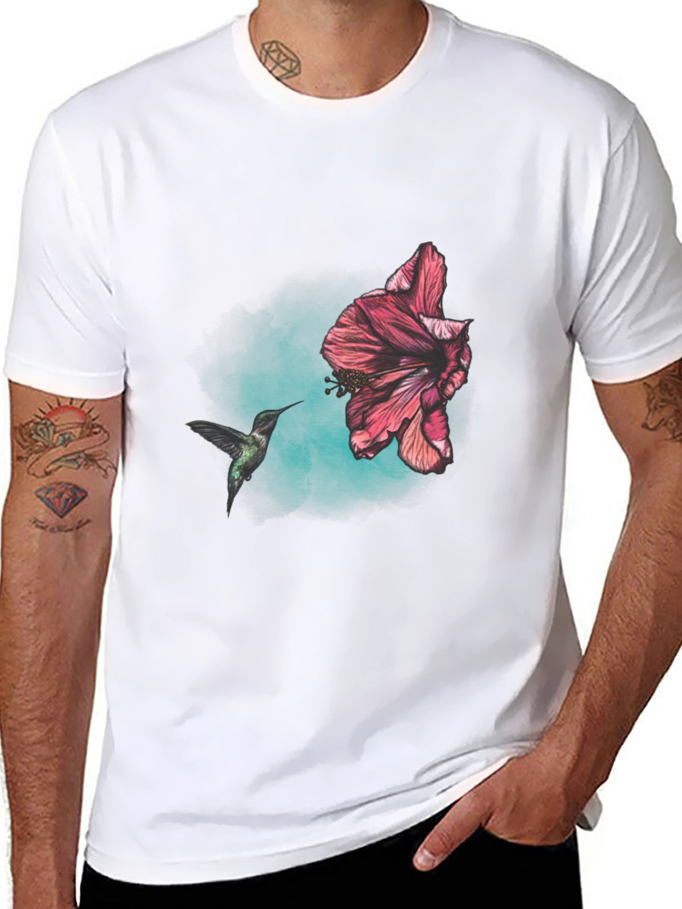 Hummingbird and Hibiscus Graphic T-Shirt