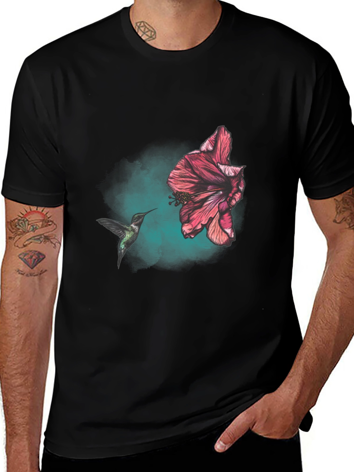 Hummingbird and Hibiscus Graphic T-Shirt