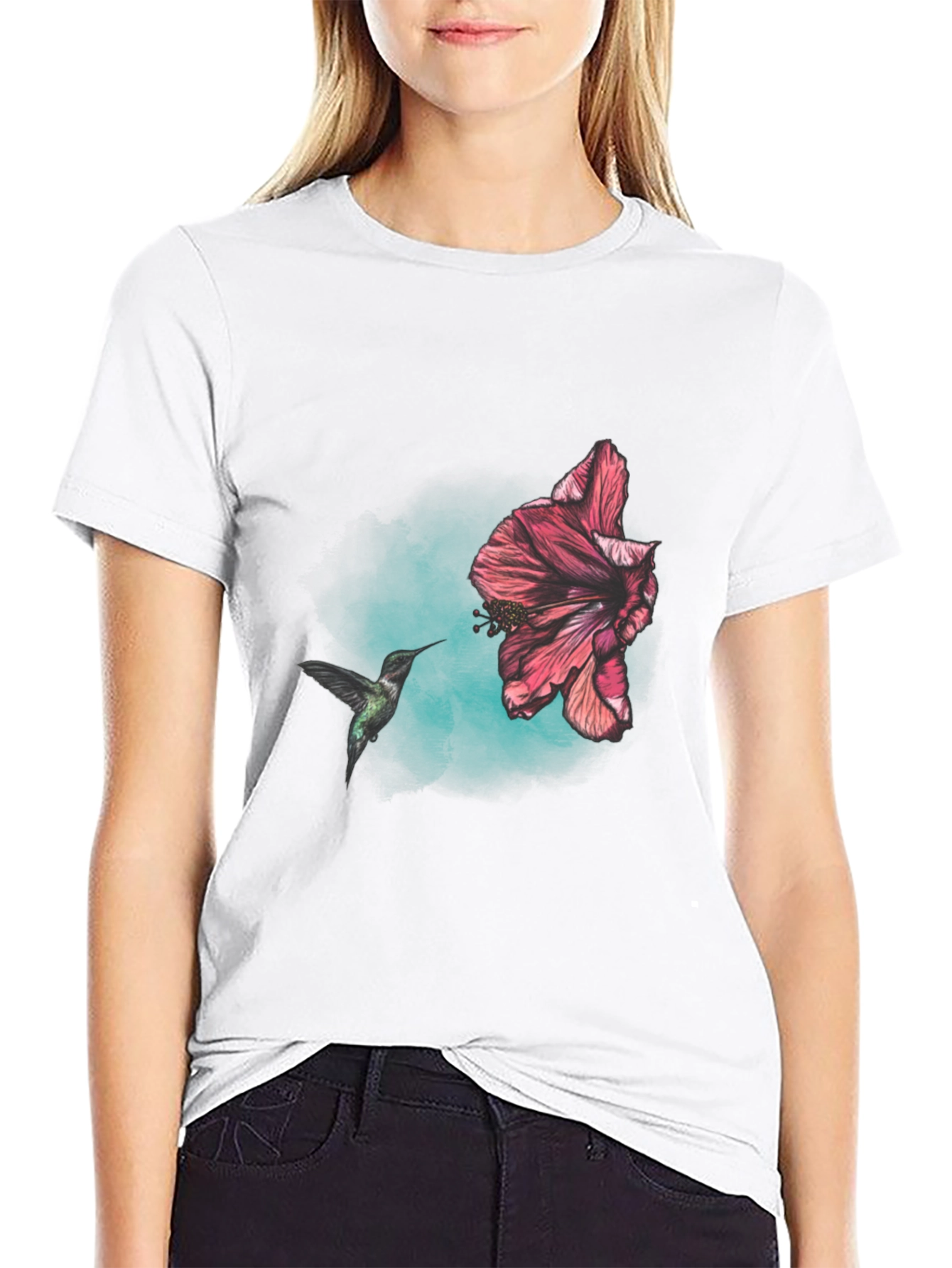 Hummingbird and Hibiscus Graphic T-Shirt