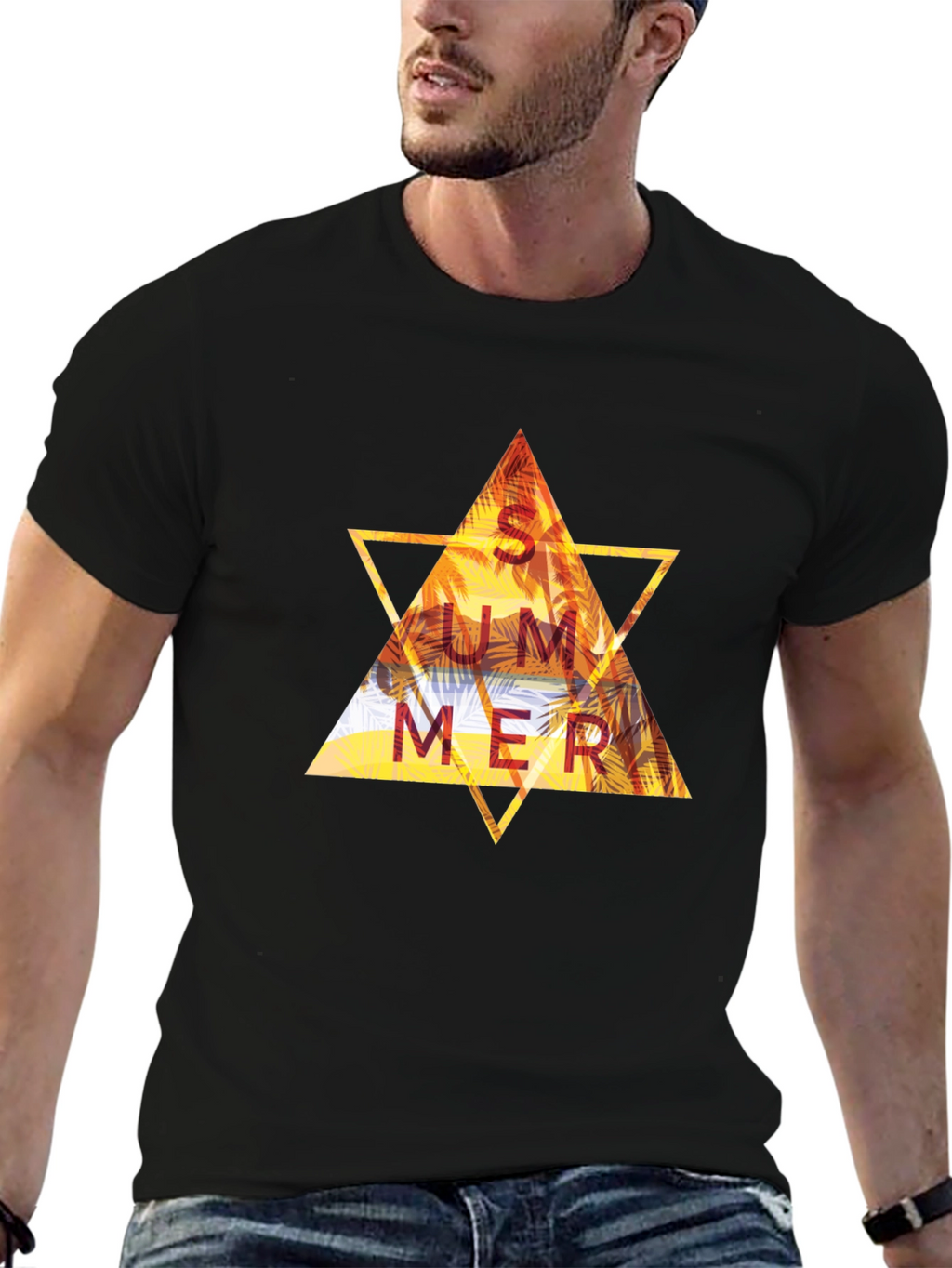 Summer Triangle Graphic Tee - Black Cotton T-Shirt