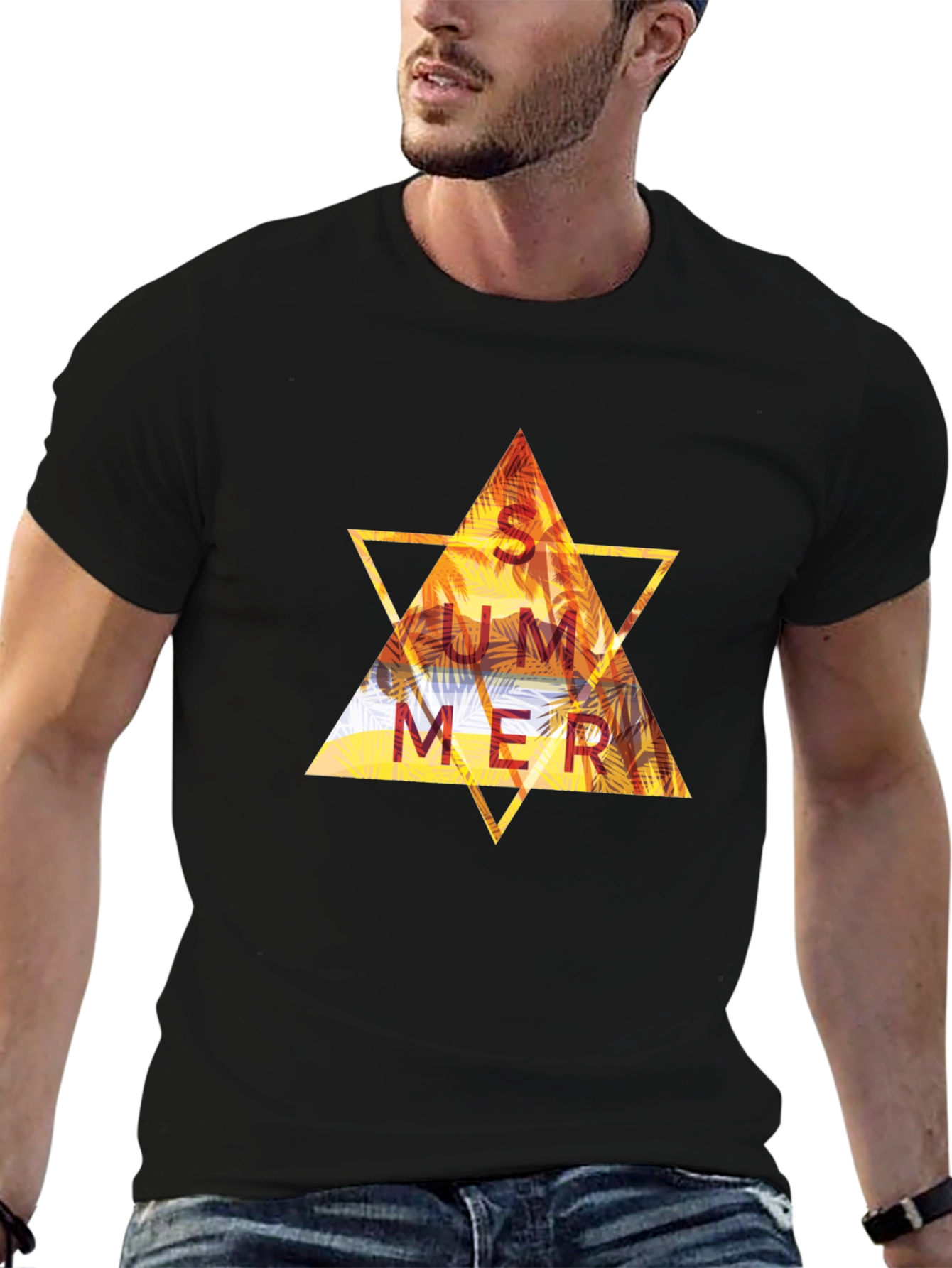 Summer Triangle Graphic Tee - Black Cotton T-Shirt