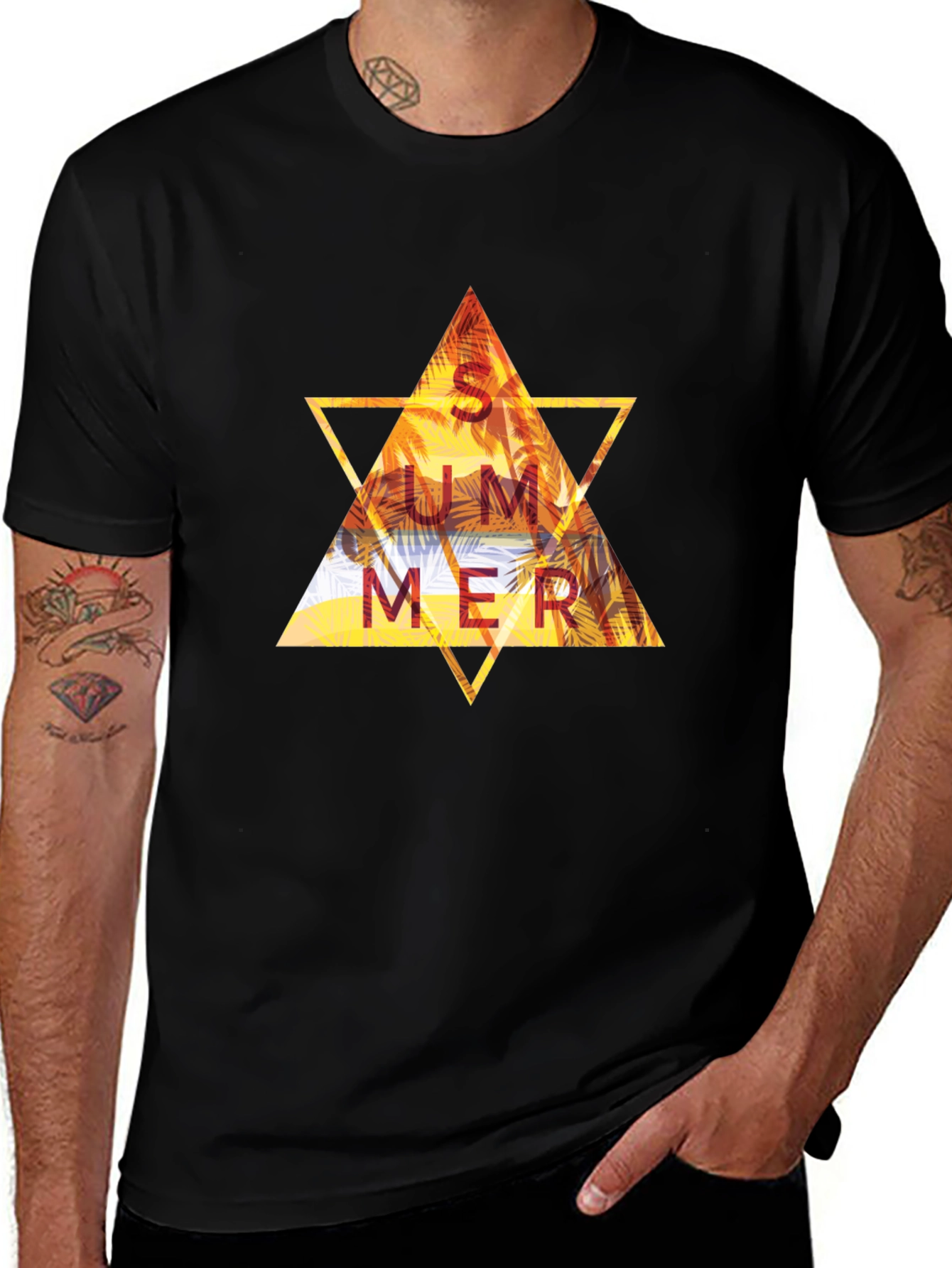 Summer Triangle Graphic Tee - Black Cotton T-Shirt