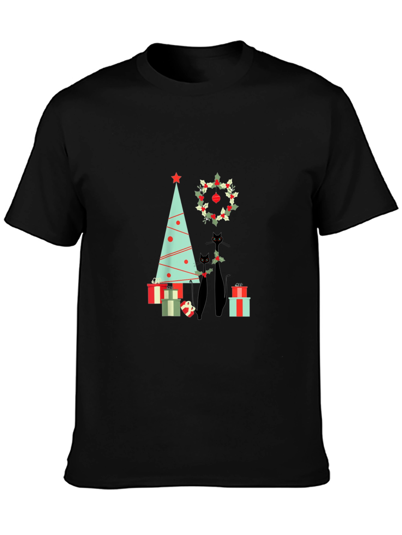 Holiday Cat T-Shirt: Christmas Tree & Wreath Design