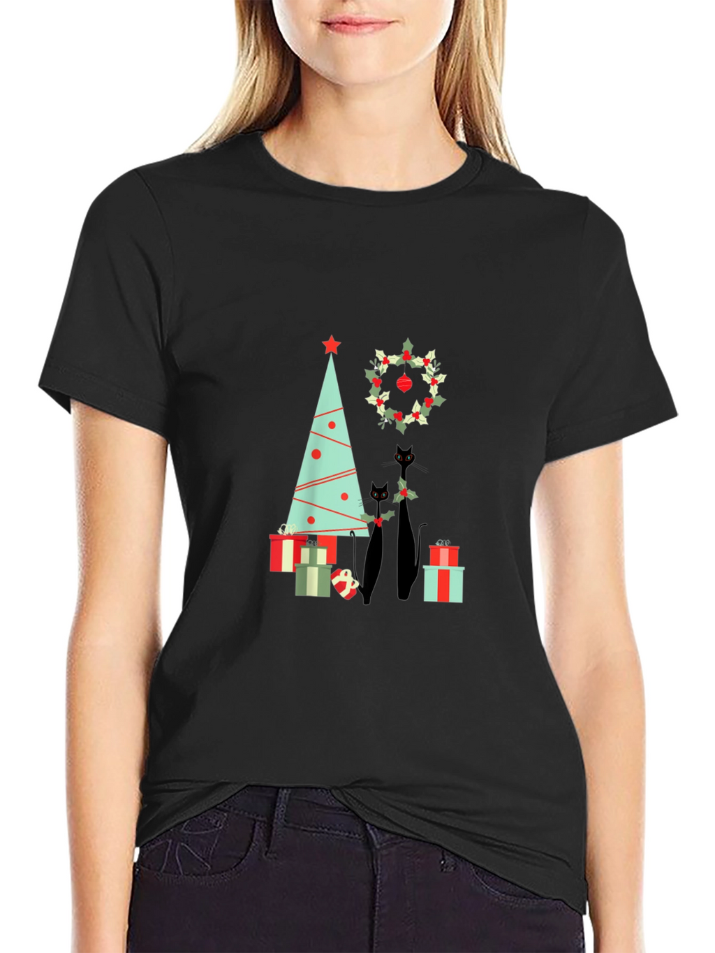 Holiday Cat T-Shirt: Christmas Tree & Wreath Design