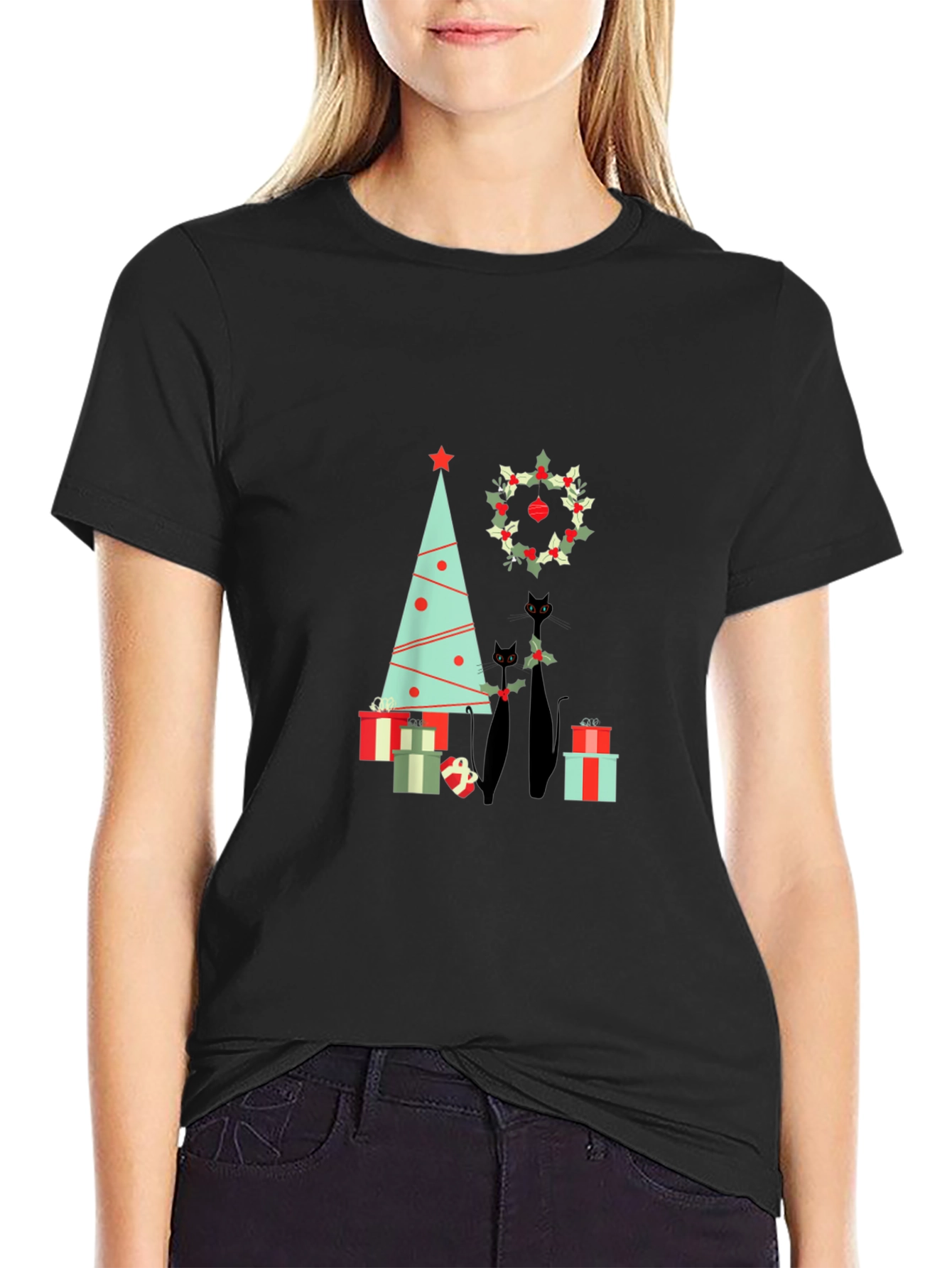 Holiday Cat T-Shirt: Christmas Tree & Wreath Design