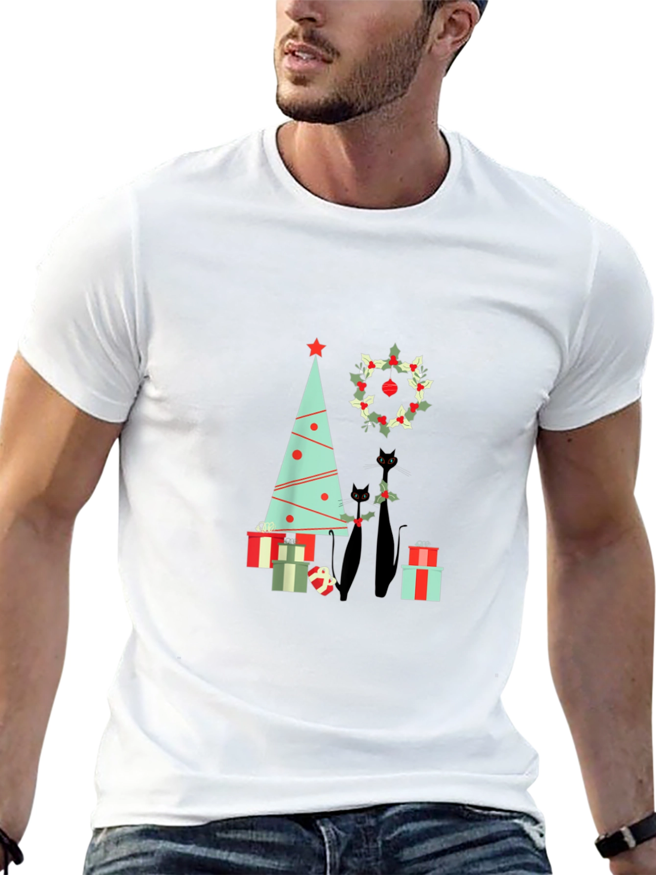 Holiday Cat T-Shirt: Christmas Tree & Wreath Design