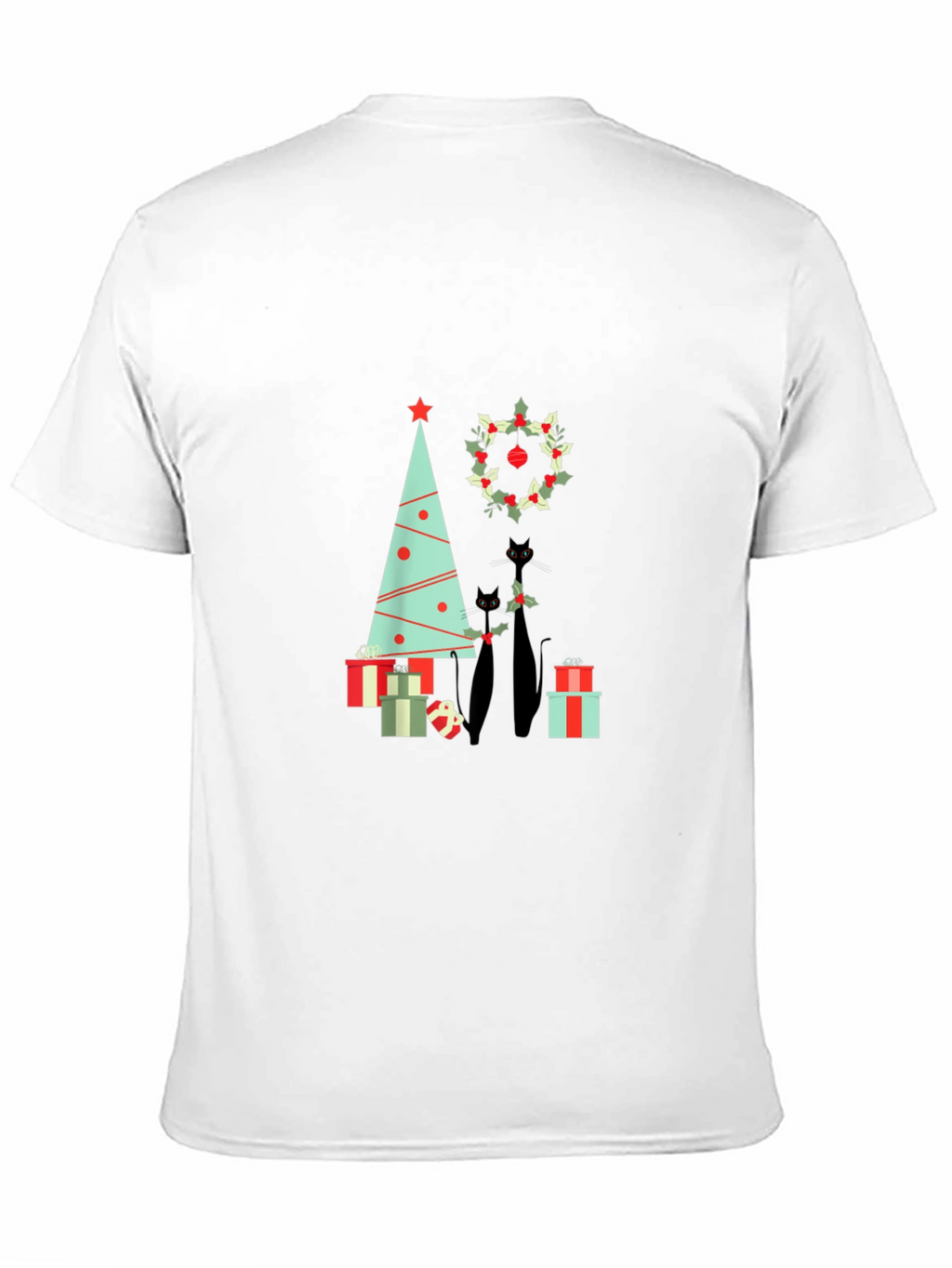 Holiday Cat T-Shirt: Christmas Tree & Wreath Design
