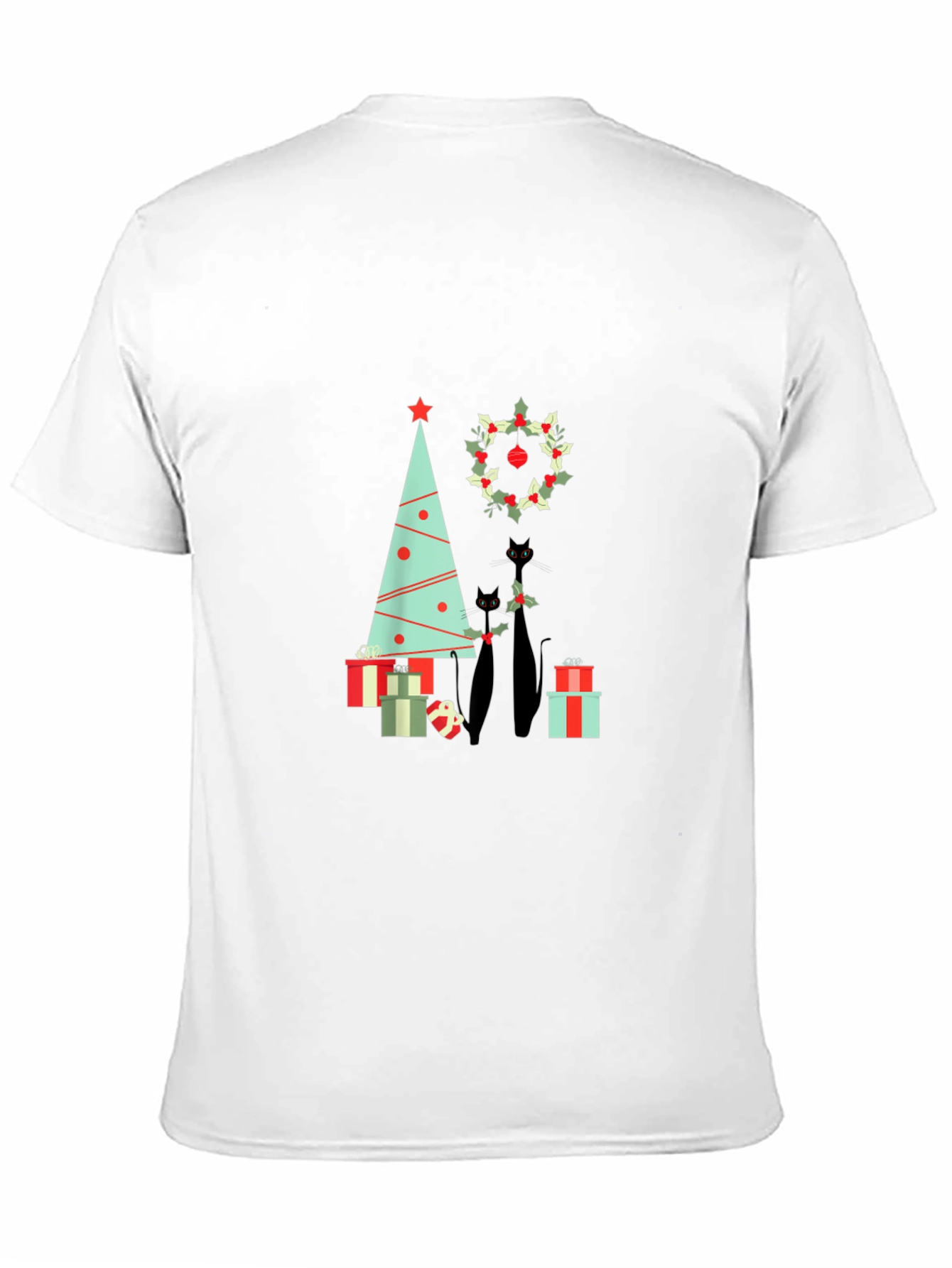 Holiday Cat T-Shirt: Christmas Tree & Wreath Design