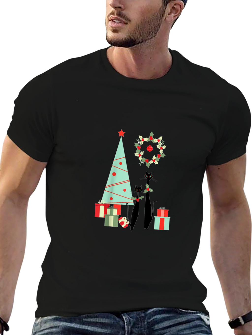 Holiday Cat T-Shirt: Christmas Tree & Wreath Design