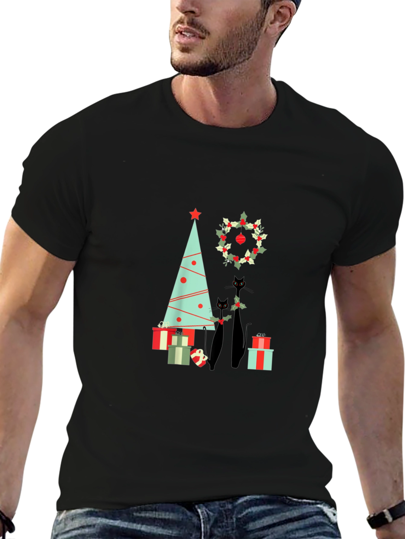 Holiday Cat T-Shirt: Christmas Tree & Wreath Design