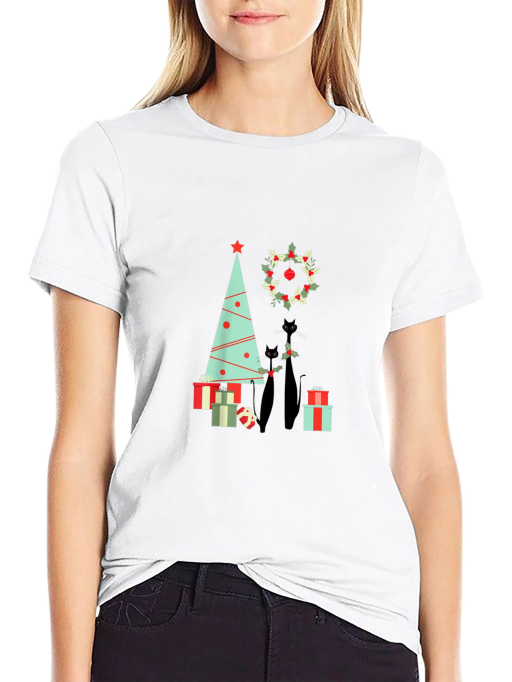 Holiday Cat T-Shirt: Christmas Tree & Wreath Design