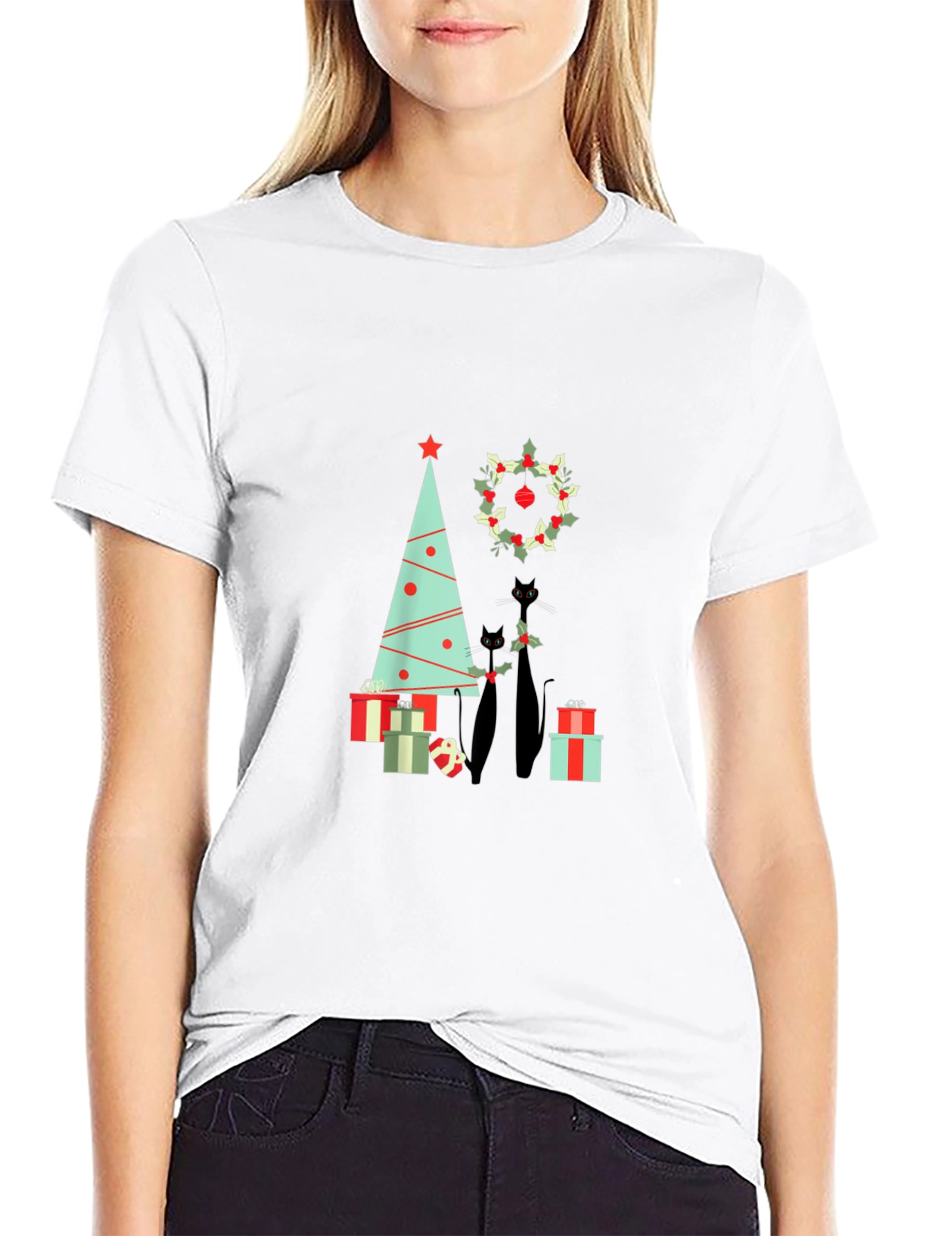 Holiday Cat T-Shirt: Christmas Tree & Wreath Design