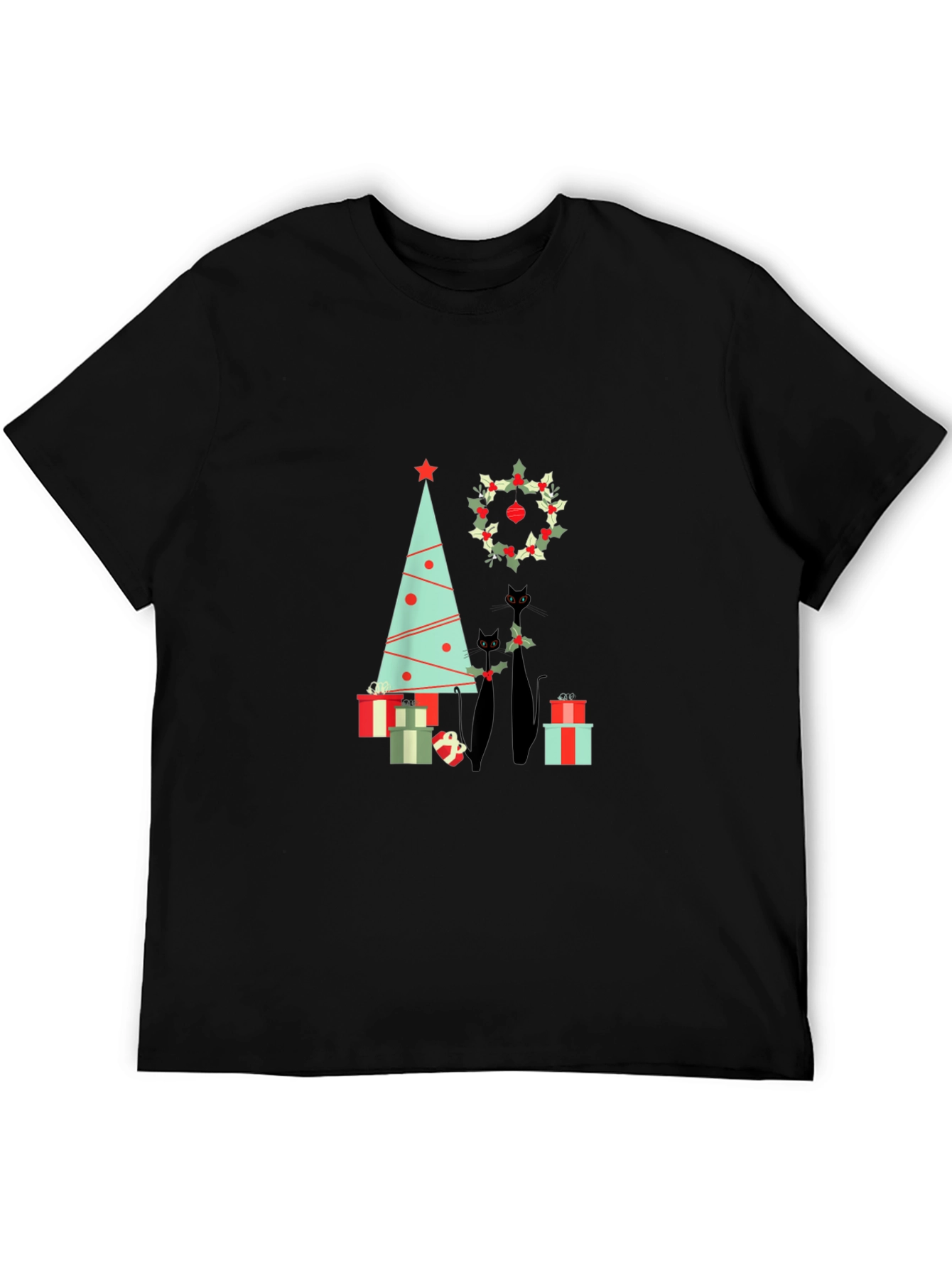 Holiday Cat T-Shirt: Christmas Tree & Wreath Design