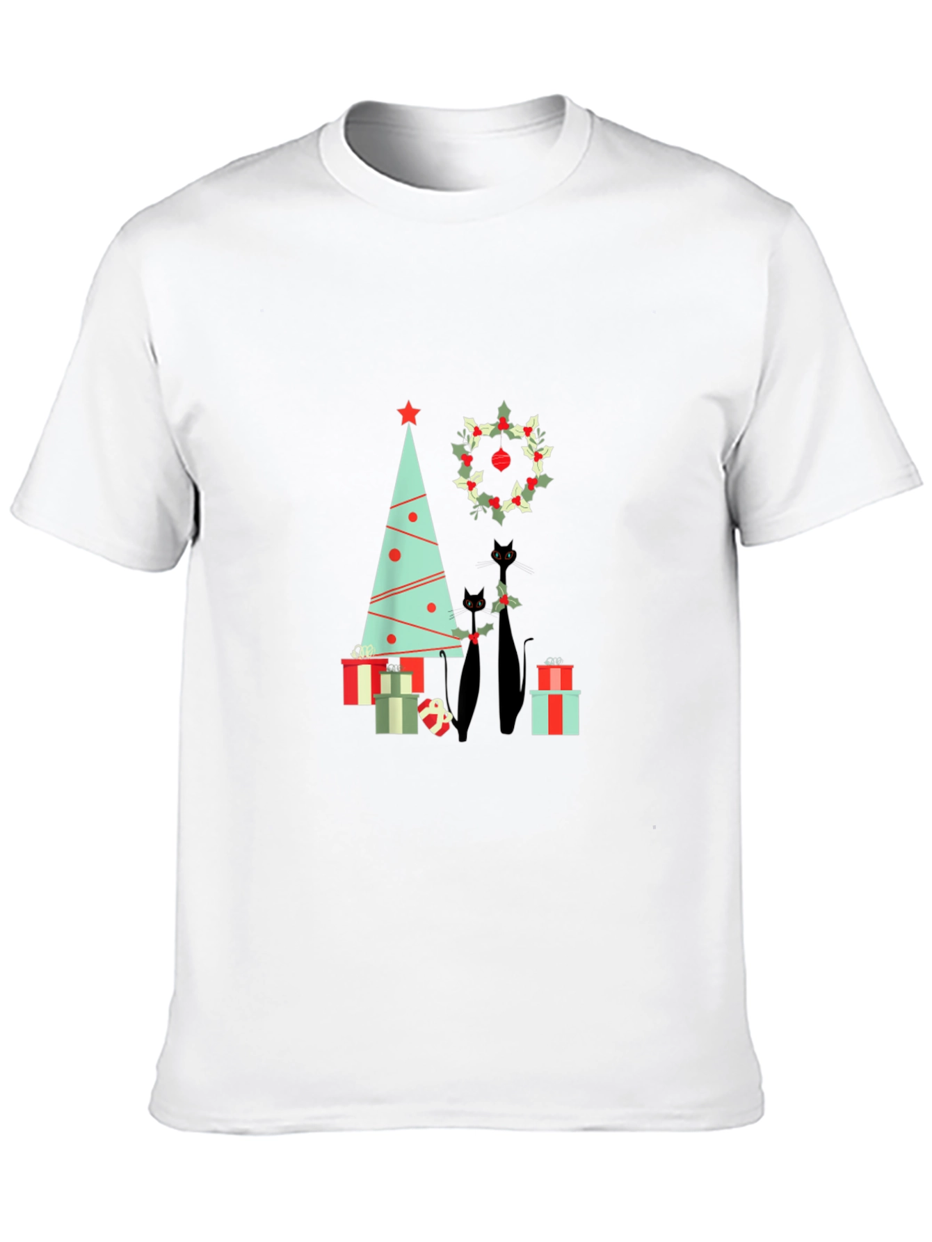 Holiday Cat T-Shirt: Christmas Tree & Wreath Design
