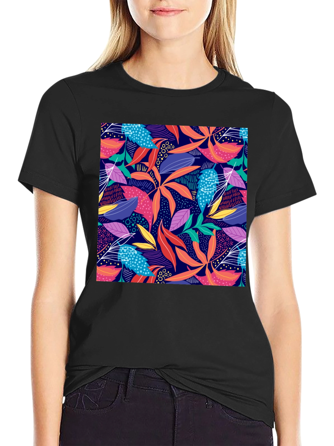Vibrant Floral Print Black T-Shirt