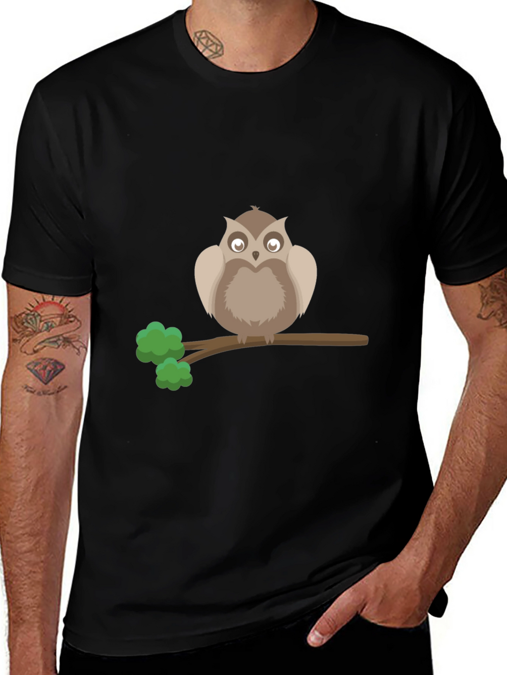 Owl on Branch Graphic Tee - Black Cotton T-Shirt