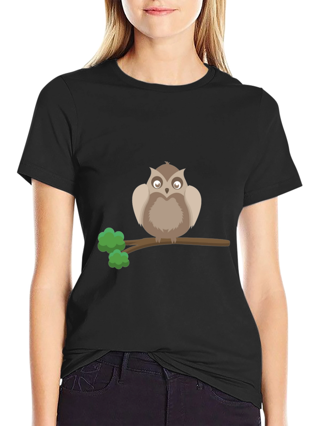 Owl on Branch Graphic Tee - Black Cotton T-Shirt