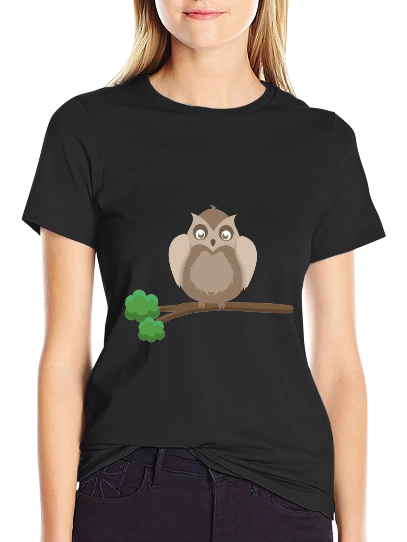 Owl on Branch Graphic Tee - Black Cotton T-Shirt