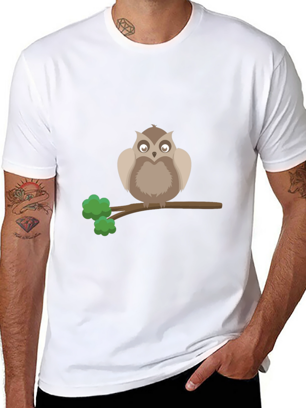 Owl on Branch Graphic Tee - Black Cotton T-Shirt