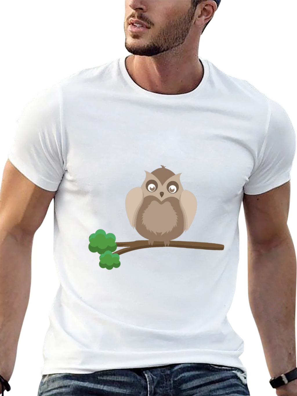 Owl on Branch Graphic Tee - Black Cotton T-Shirt