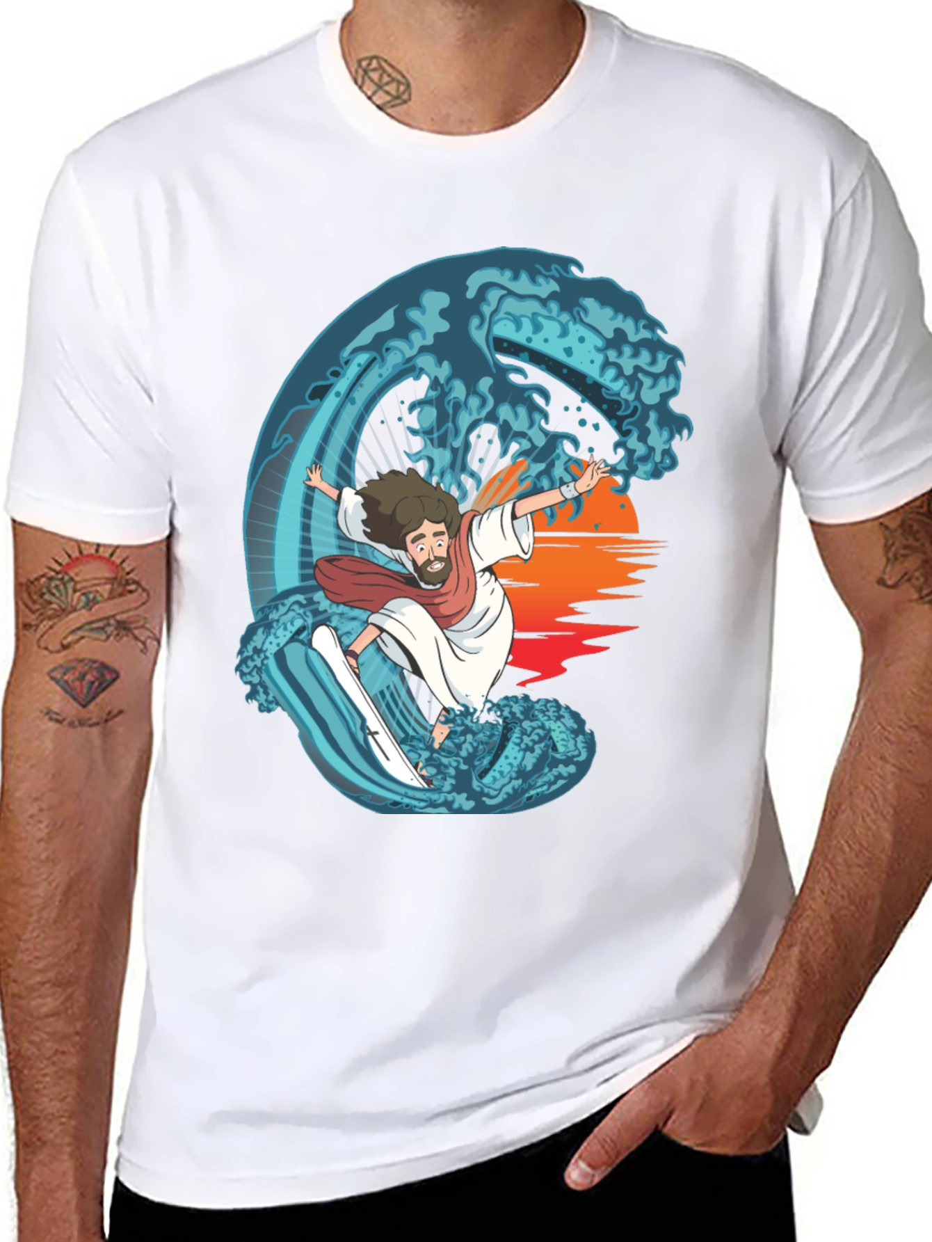Surfing Jesus Graphic Tee - Ride the Wave!