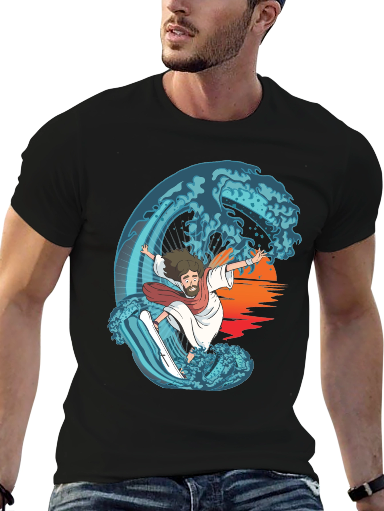 Surfing Jesus Graphic Tee - Ride the Wave!
