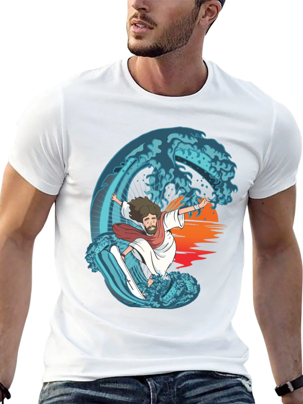 Surfing Jesus Graphic Tee - Ride the Wave!