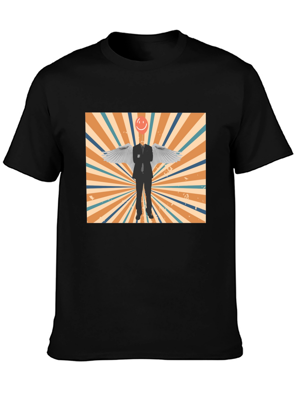 Retro Smiley Angel Wings Graphic Tee - Black