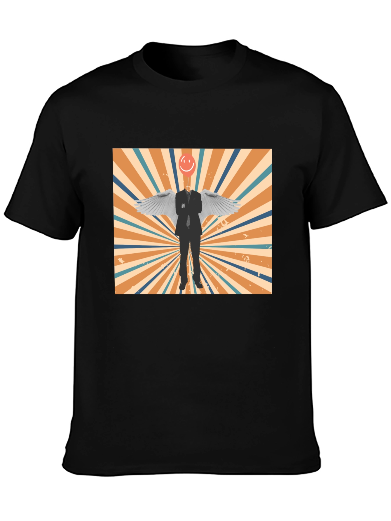 Retro Smiley Angel Wings Graphic Tee - Black
