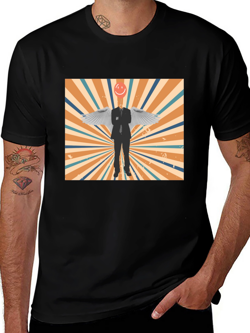 Retro Smiley Angel Wings Graphic Tee - Black
