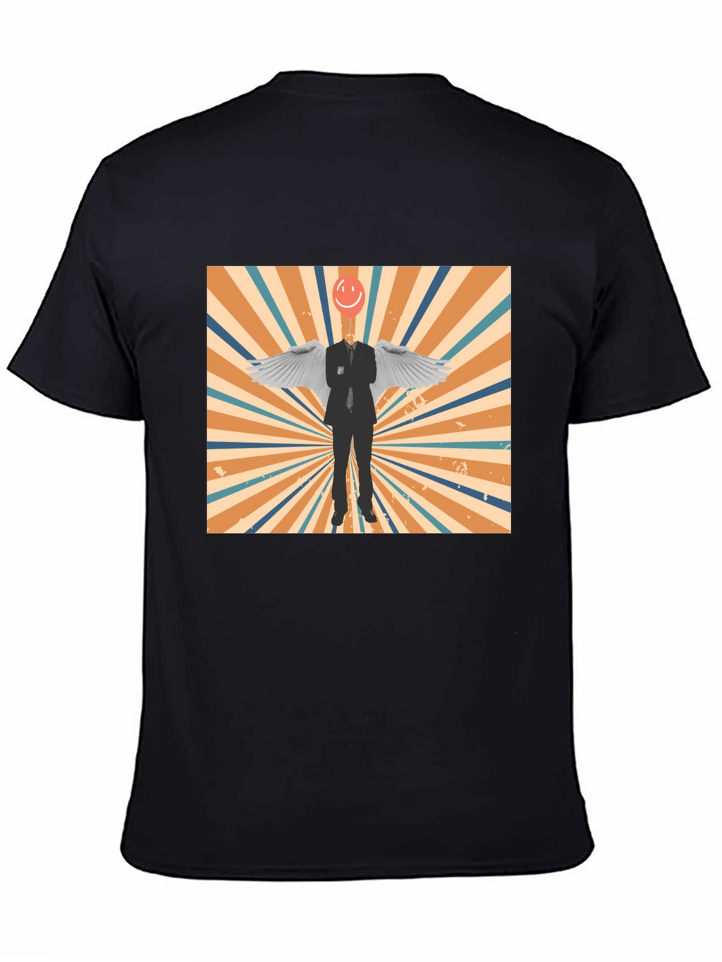 Retro Smiley Angel Wings Graphic Tee - Black