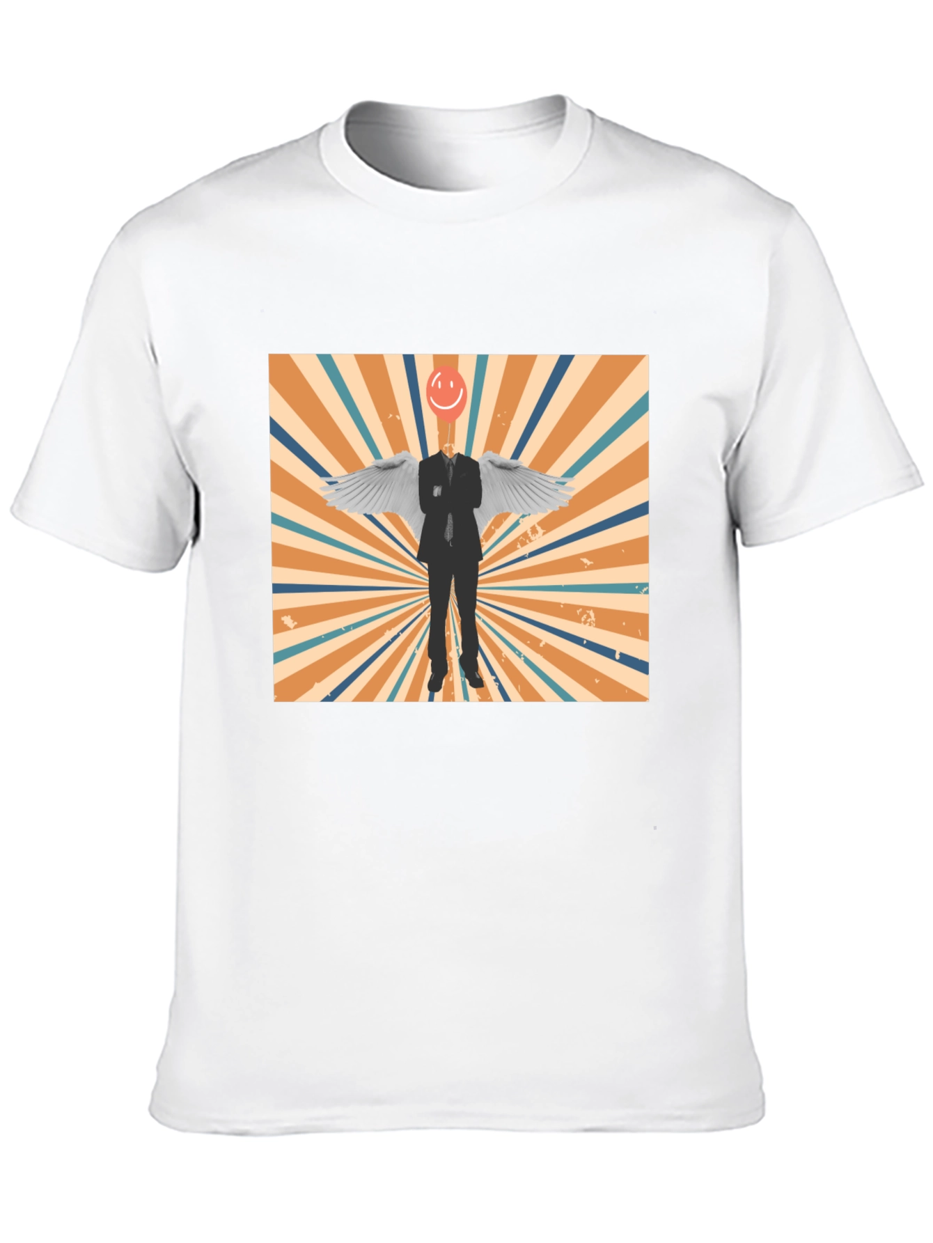 Retro Smiley Angel Wings Graphic Tee - Black