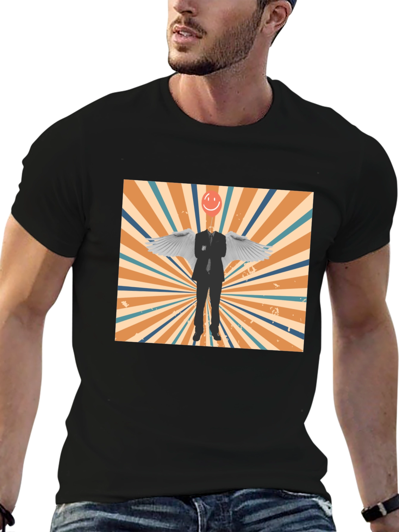 Retro Smiley Angel Wings Graphic Tee - Black
