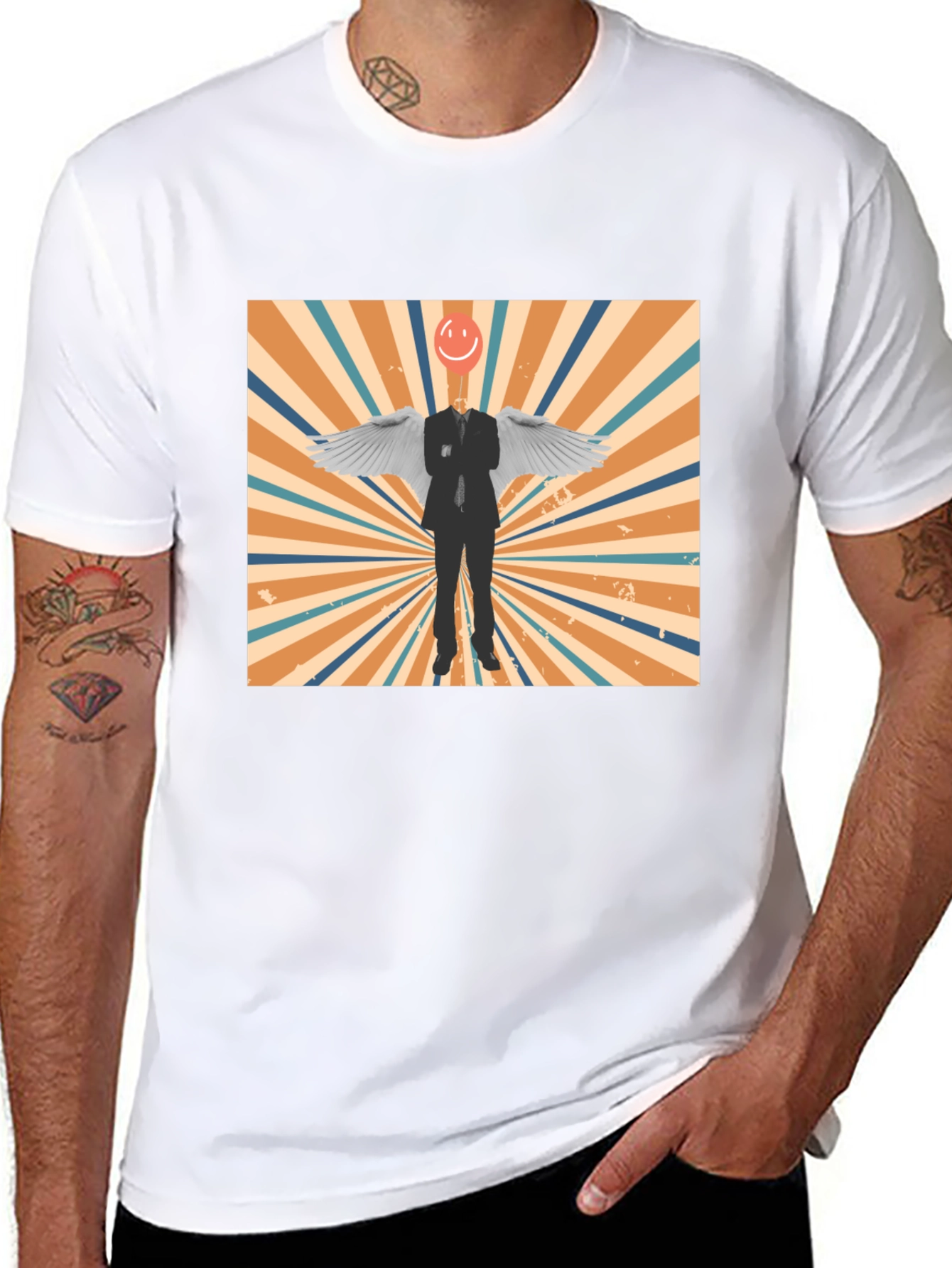 Retro Smiley Angel Wings Graphic Tee - Black