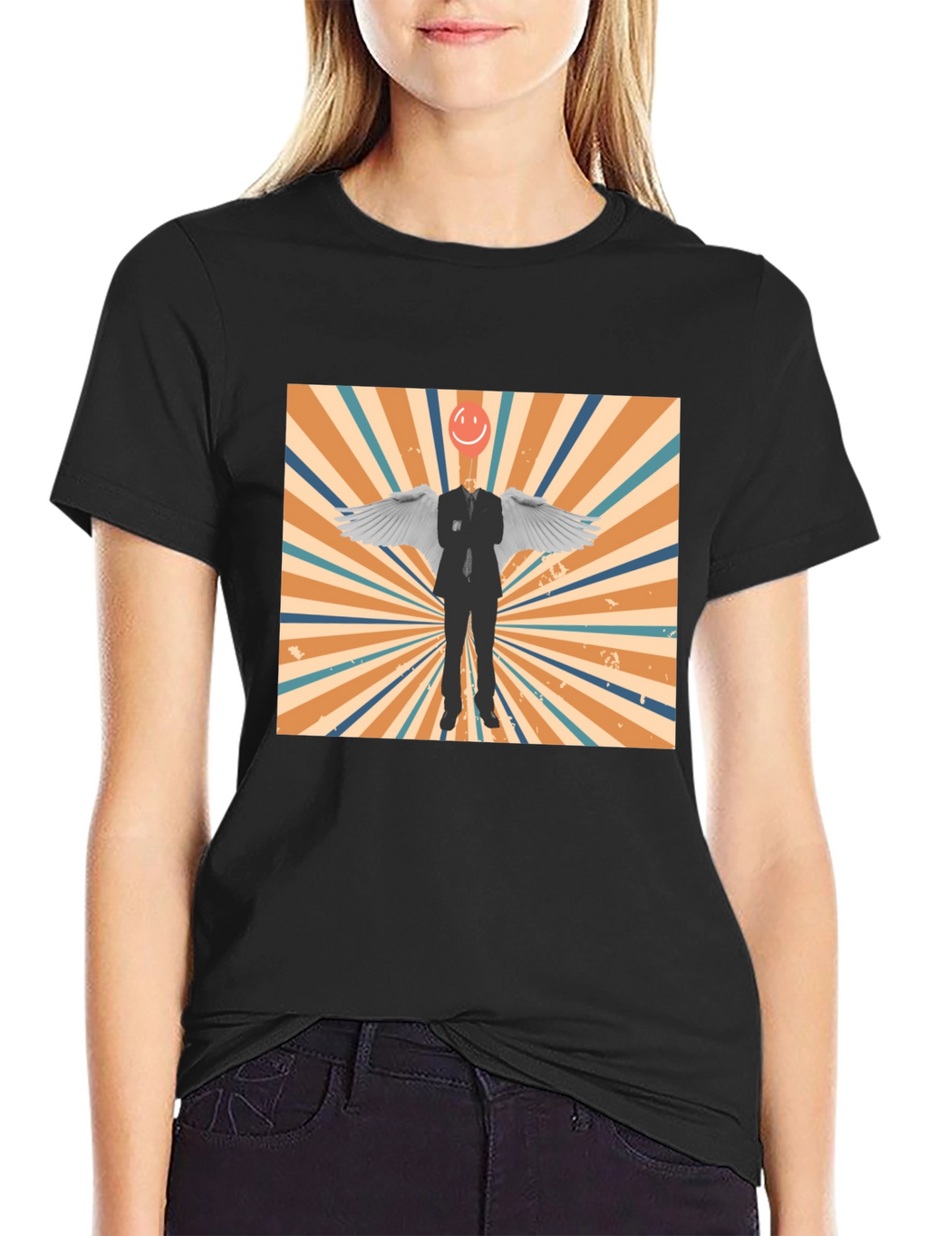 Retro Smiley Angel Wings Graphic Tee - Black
