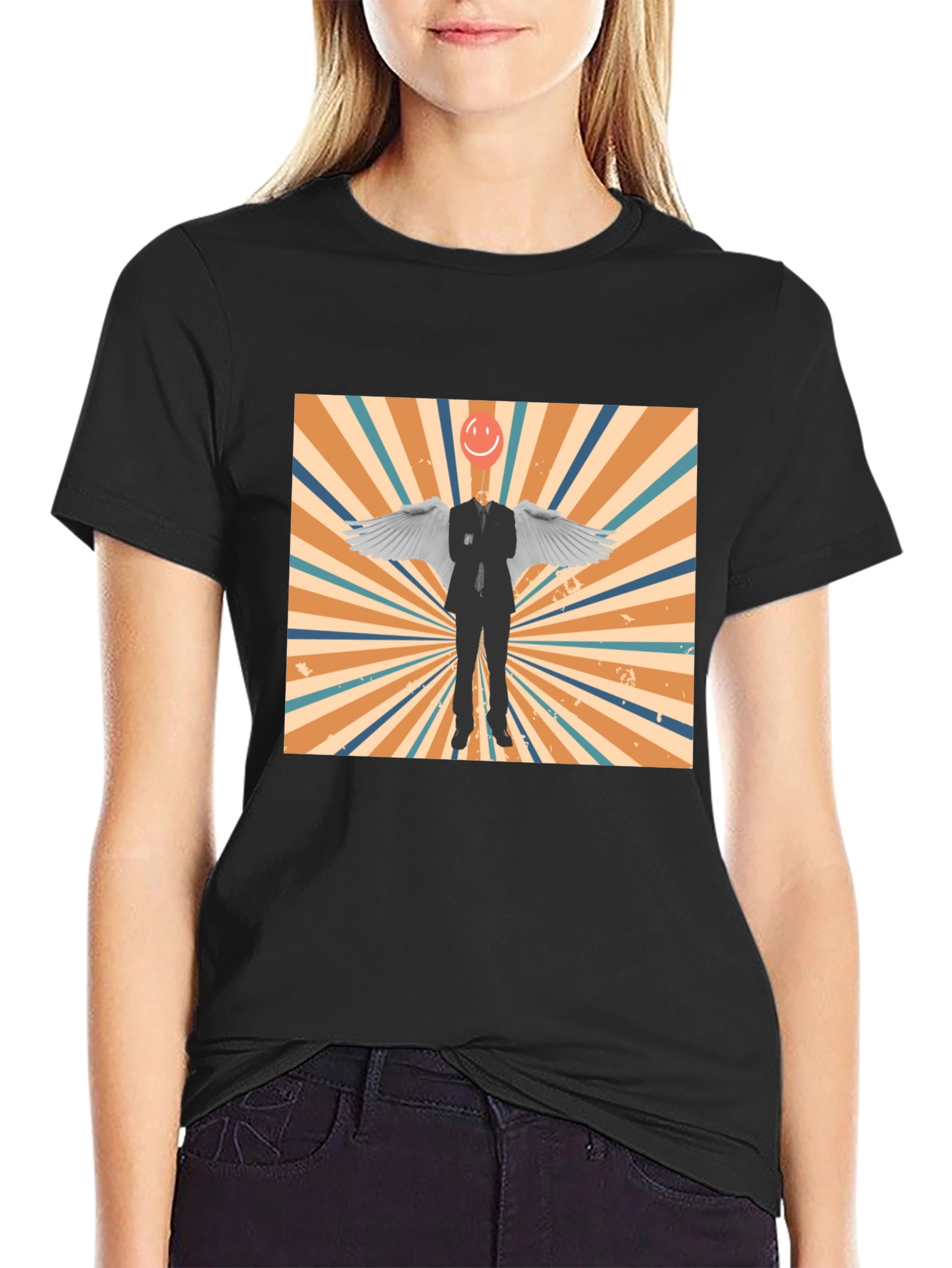 Retro Smiley Angel Wings Graphic Tee - Black