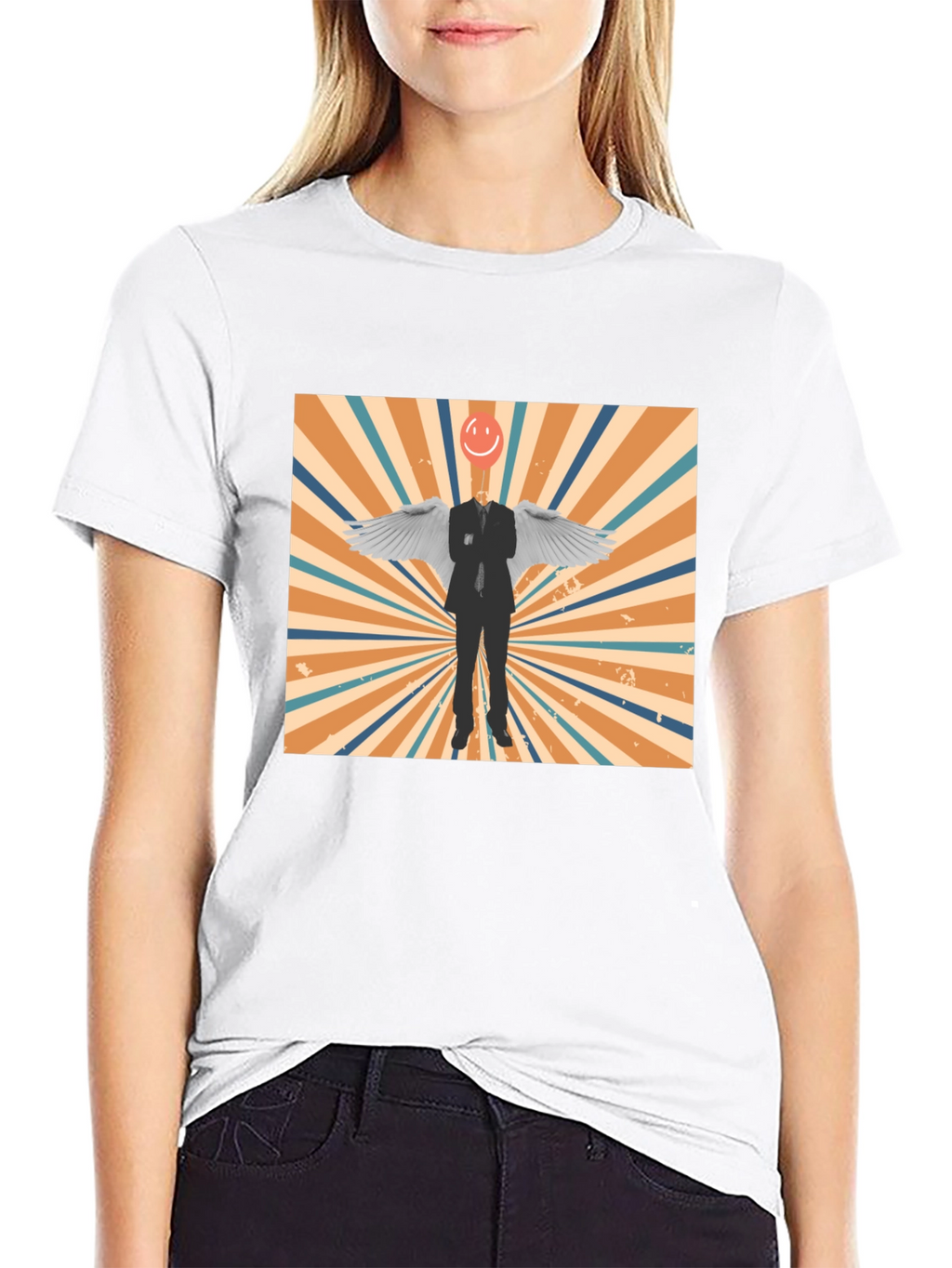 Retro Smiley Angel Wings Graphic Tee - Black