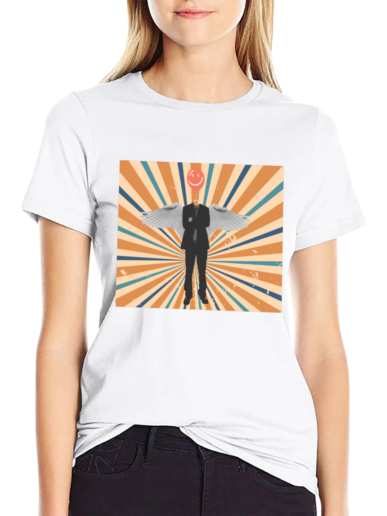 Retro Smiley Angel Wings Graphic Tee - Black