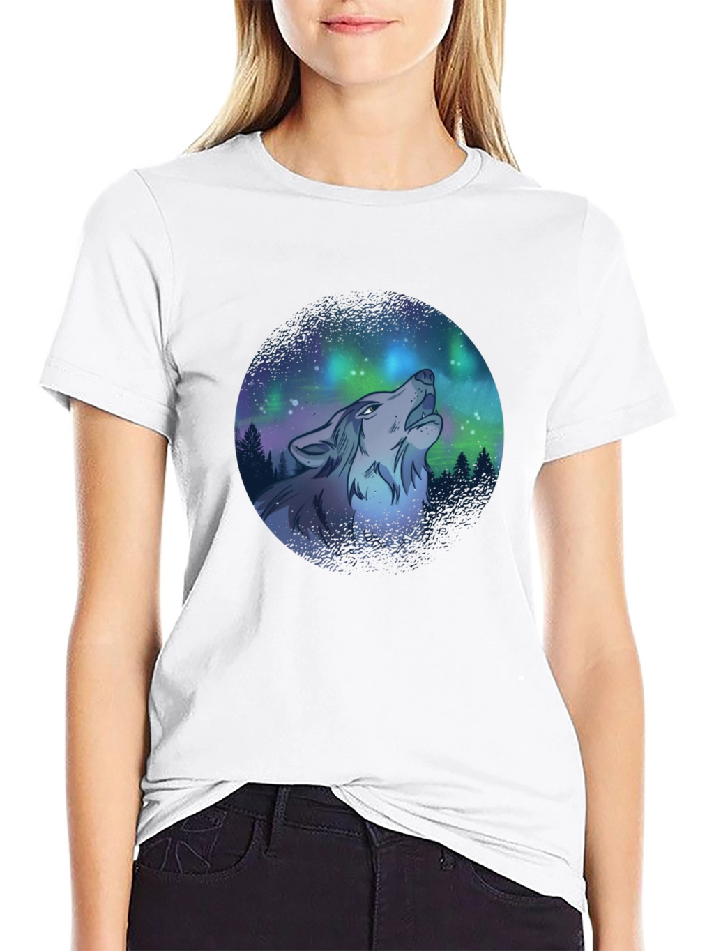Wolf Howl Aurora Borealis T-Shirt - Black