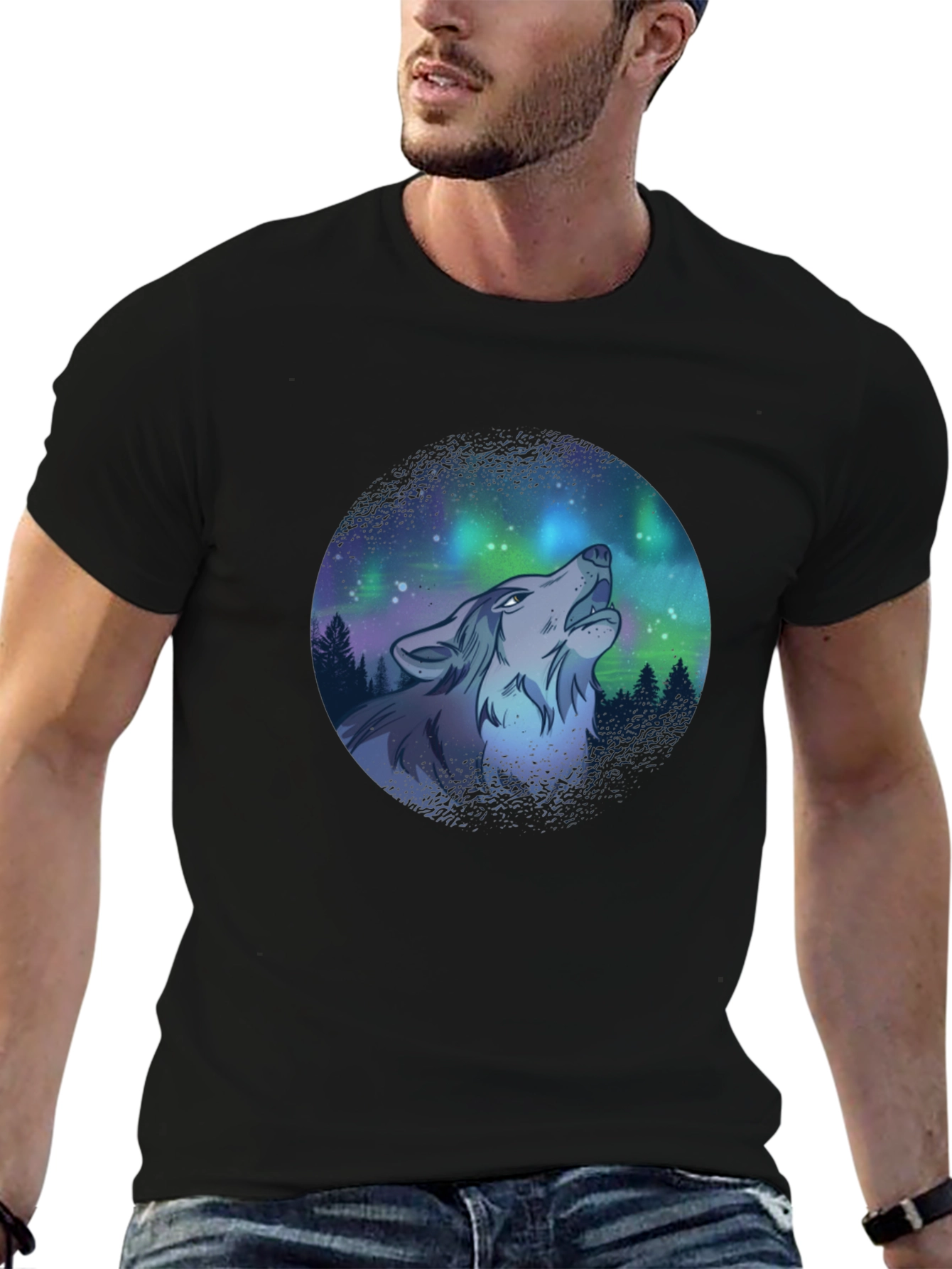 Wolf Howl Aurora Borealis T-Shirt - Black