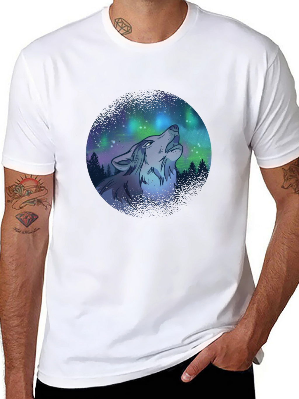 Wolf Howl Aurora Borealis T-Shirt - Black