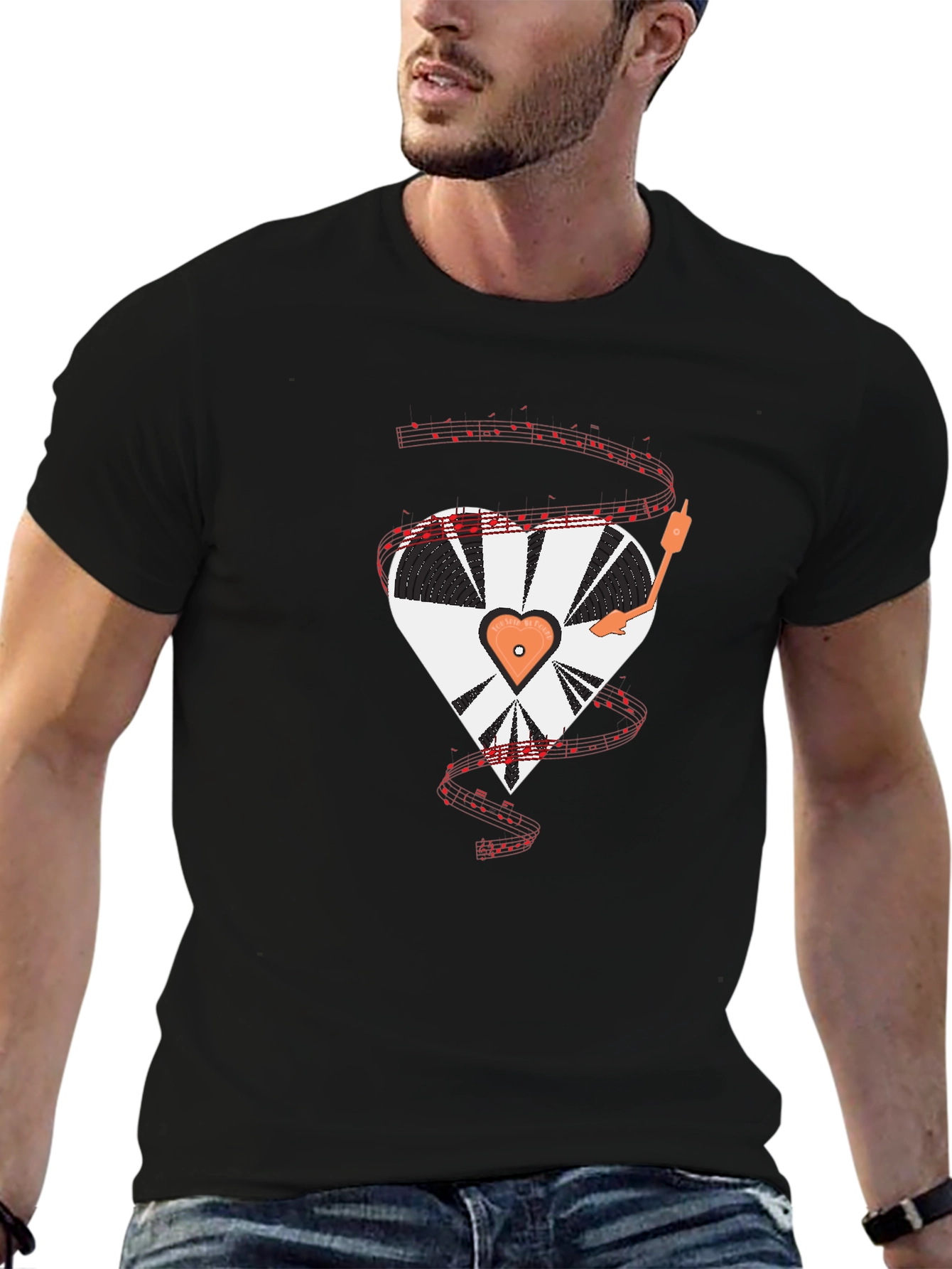 Heart Record Player Black T-Shirt