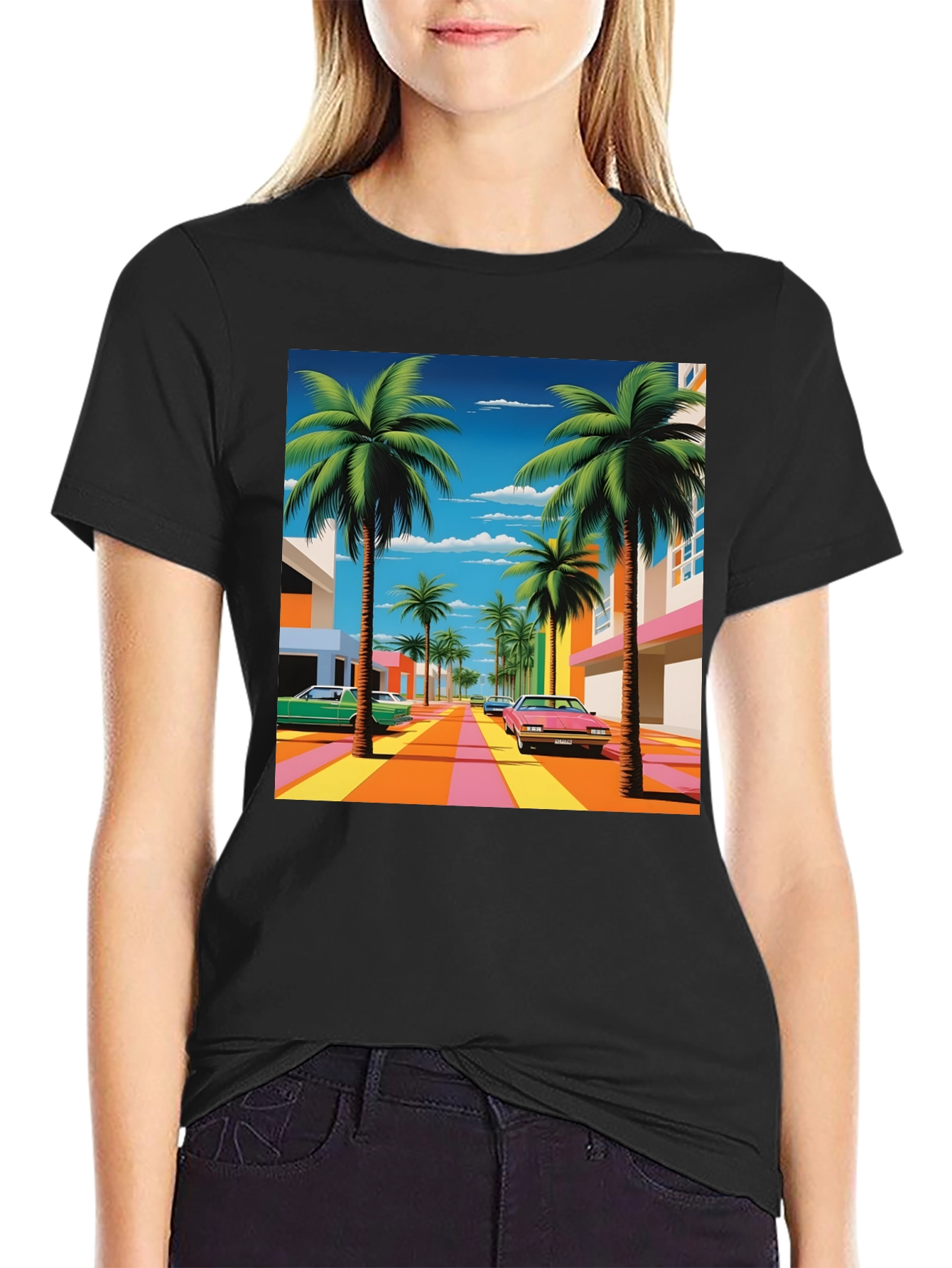 Vaporwave Palm Trees Graphic Tee - Retro Miami Vice Style
