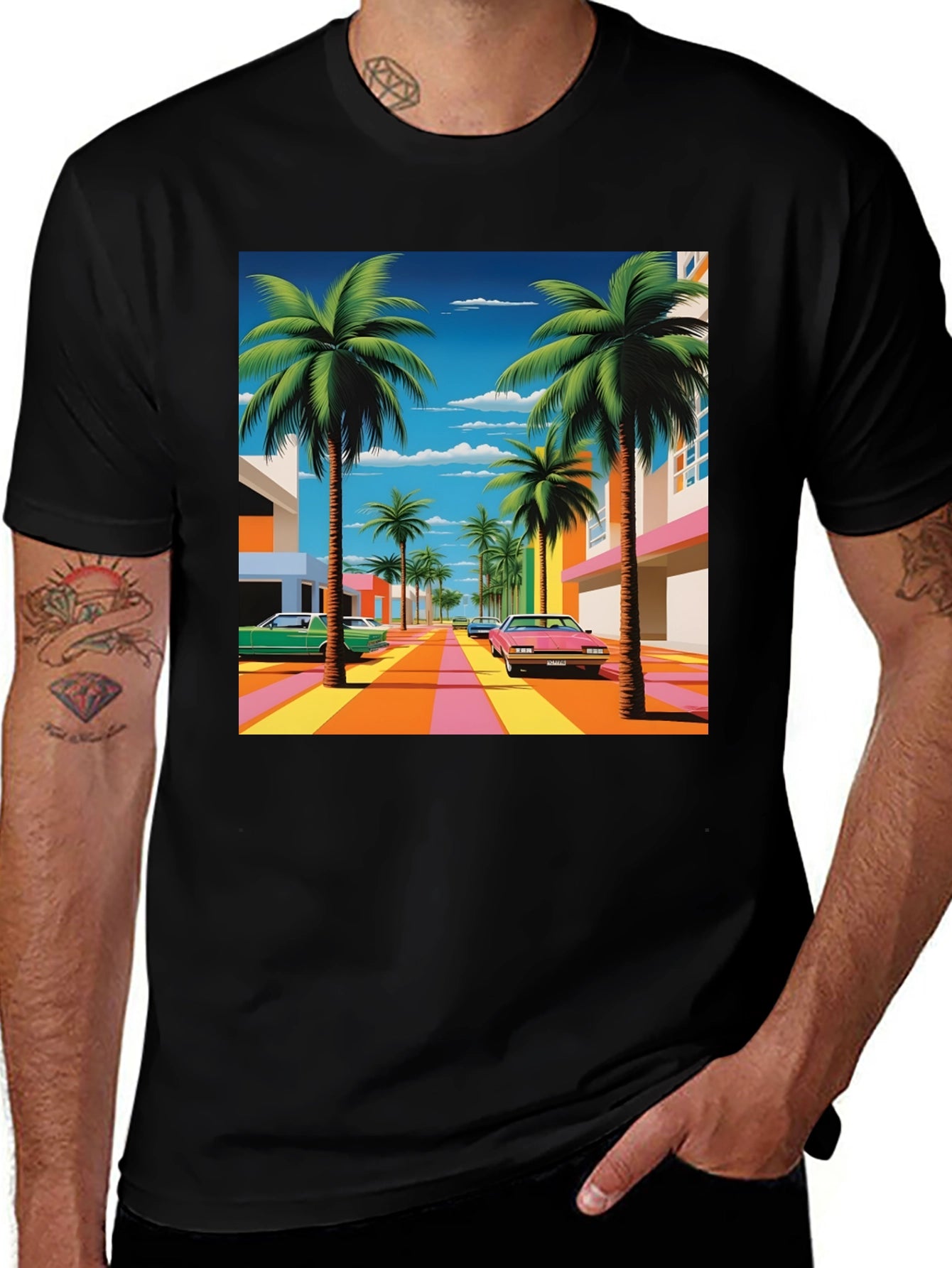 Vaporwave Palm Trees Graphic Tee - Retro Miami Vice Style