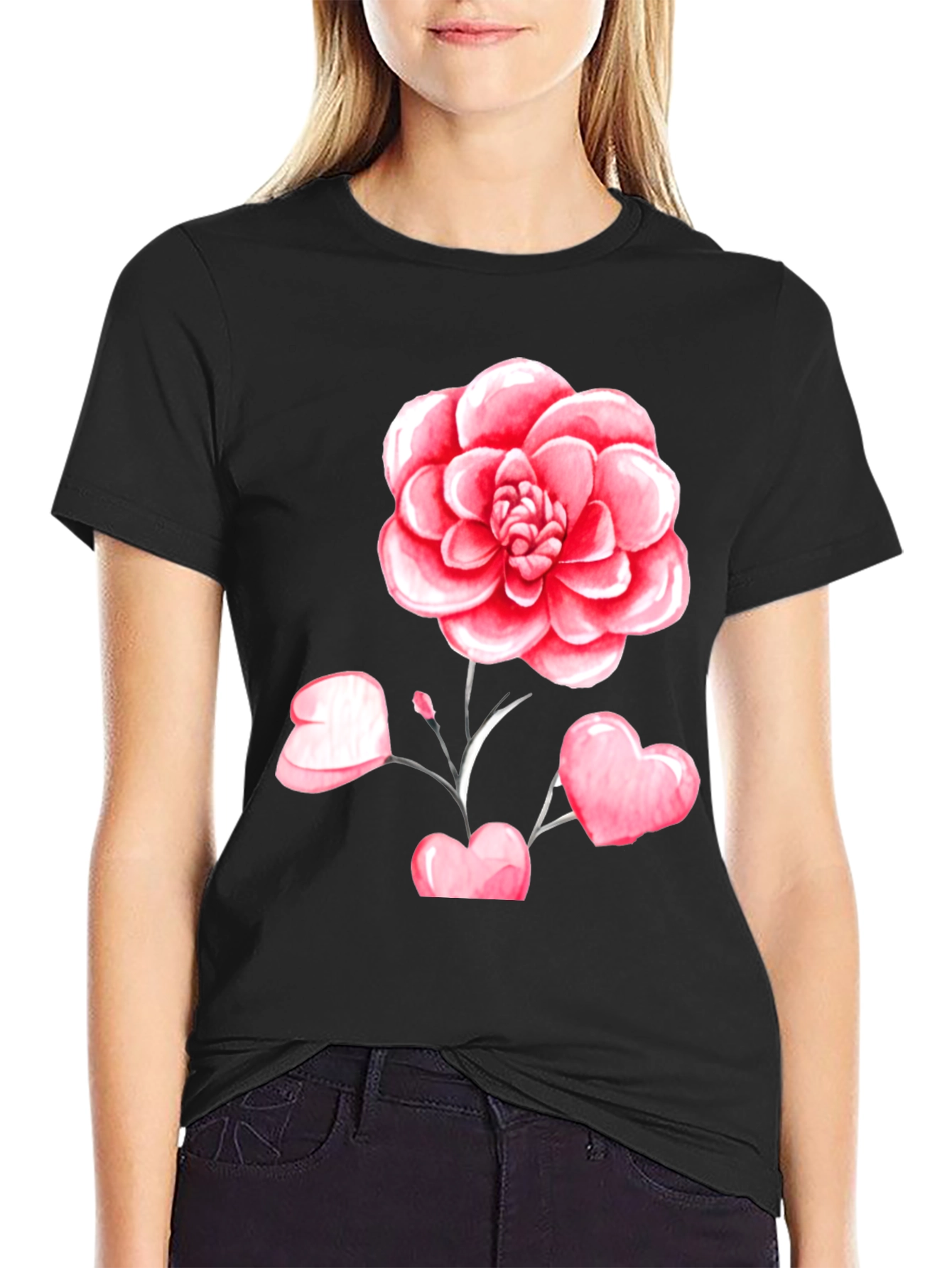 Floral Heart Graphic Tee - Black