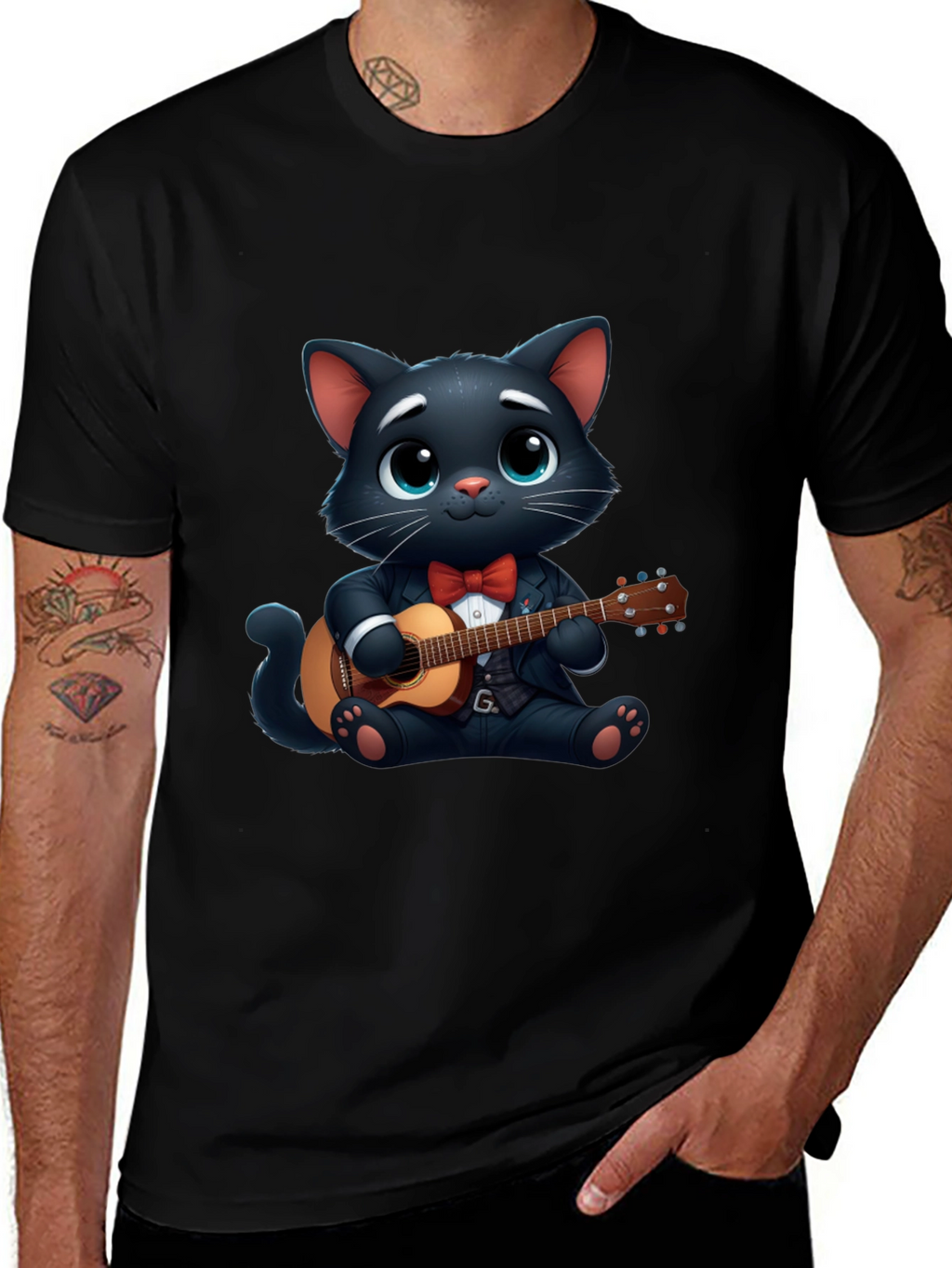 Cat Playing Guitar T-Shirt - Cute Cartoon Animal Tee