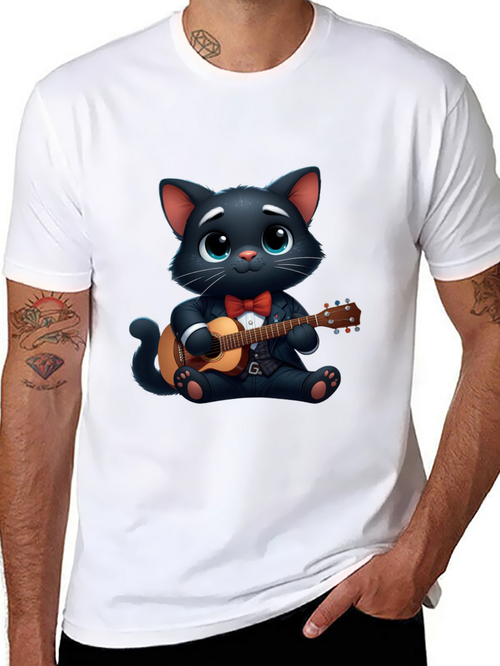 Cat Playing Guitar T-Shirt - Cute Cartoon Animal Tee