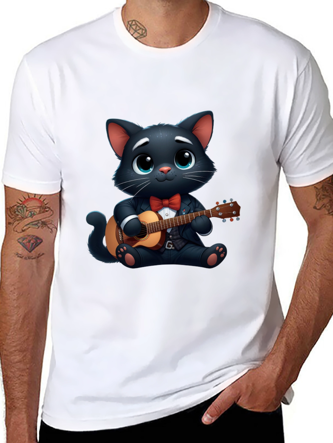 Cat Playing Guitar T-Shirt - Cute Cartoon Animal Tee